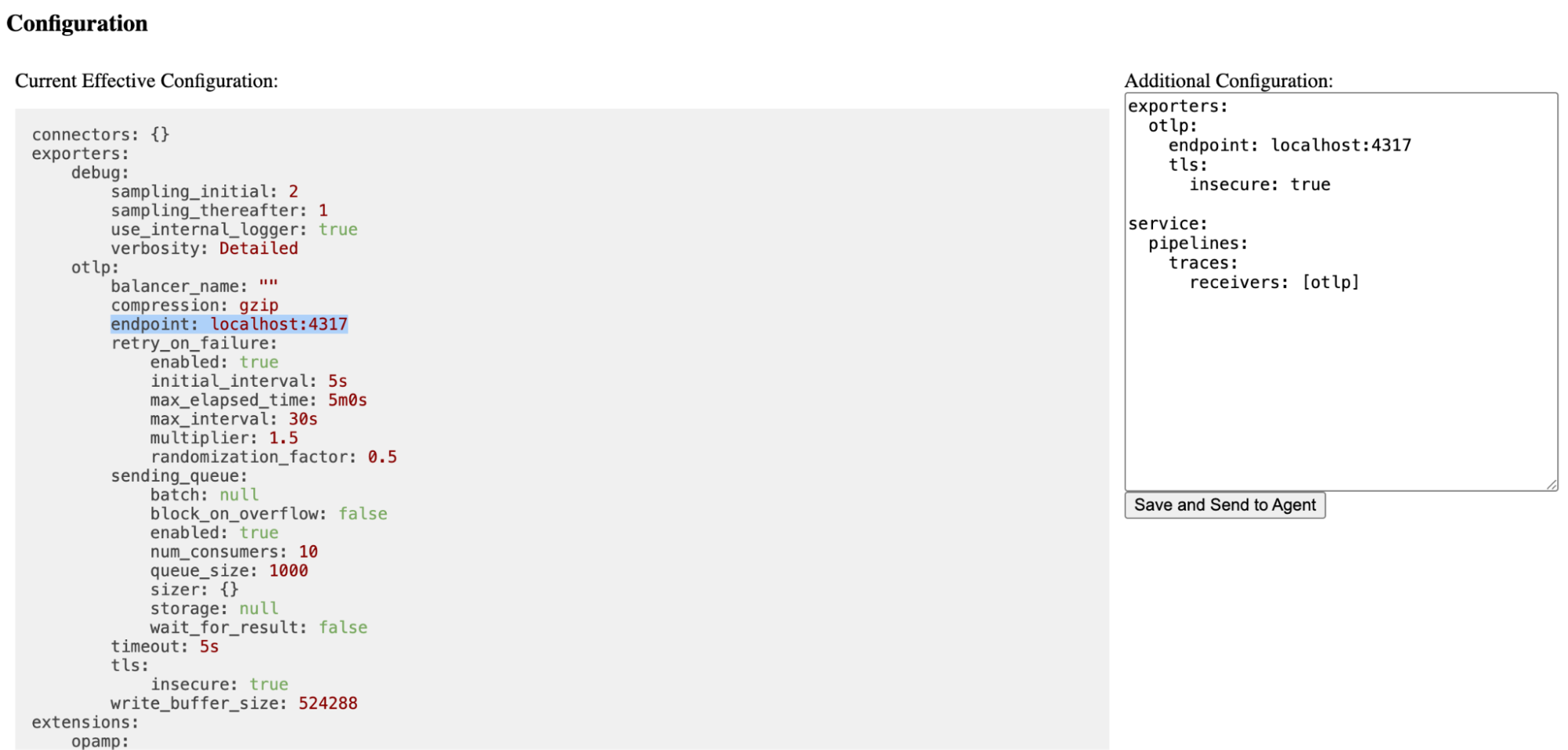 Adding OTLP exporter endpoint in OpAMP server Additional Configuration - Endpoint